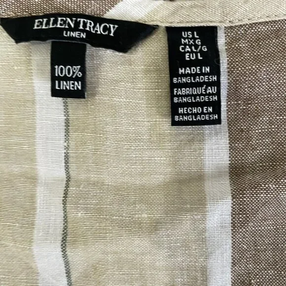 Ellen Tracy 100% Linen Tunic Large Striped Tan Pink White Tassel Lagenlook - Picture 3 of 8
